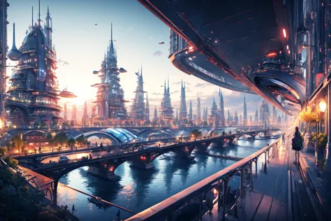 a view of a futuristic city with a bridge and a river