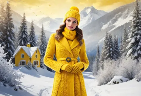 arafed woman in yellow coat and hat standing in snow covered area