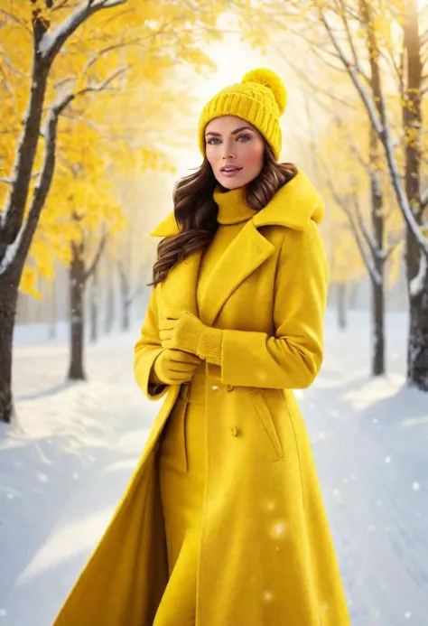 a woman in a yellow coat and hat standing in the snow