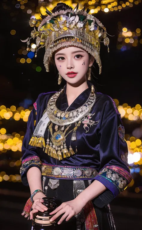 a woman in a traditional chinese dress holding a glass