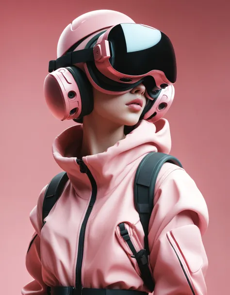 a woman wearing a pink jacket and goggles with a pink background