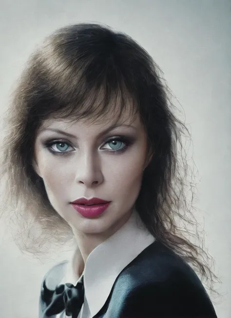 a close up of a woman with a bow tie and a black jacket