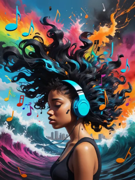 a woman with headphones and music notes on her head