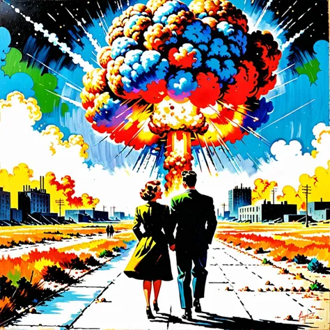 a painting of a couple walking down a sidewalk with a large mushroom cloud